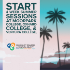 Promotional graphic for summer sessions at the Community Colleges of Ventura County. Text reads: “START 4 week summer sessions at Moorpark, Oxnard, & Ventura." Background features a pastel-colored beach scene with silhouettes of palm trees. The bottom left includes logos for Moorpark (MC), Ventura (VC), and Oxnard (OC) Colleges.