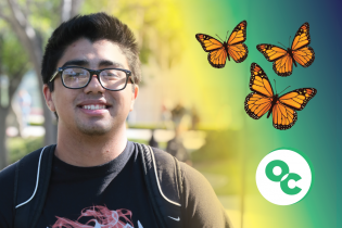Photo of a student with butterflies and the OC Icon