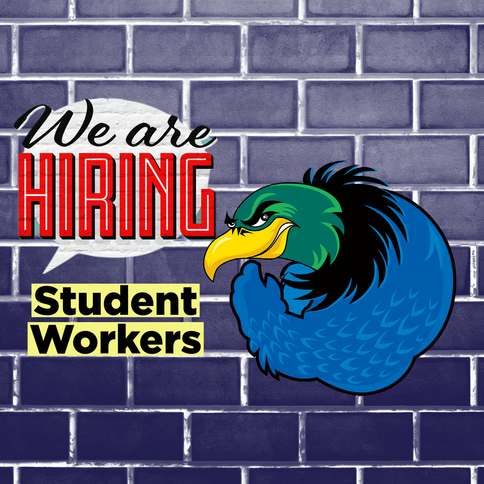 Oxnard College condor logo with &quot;we are hiring&quot; text above and &quot;student workers&quot; in yellow text box