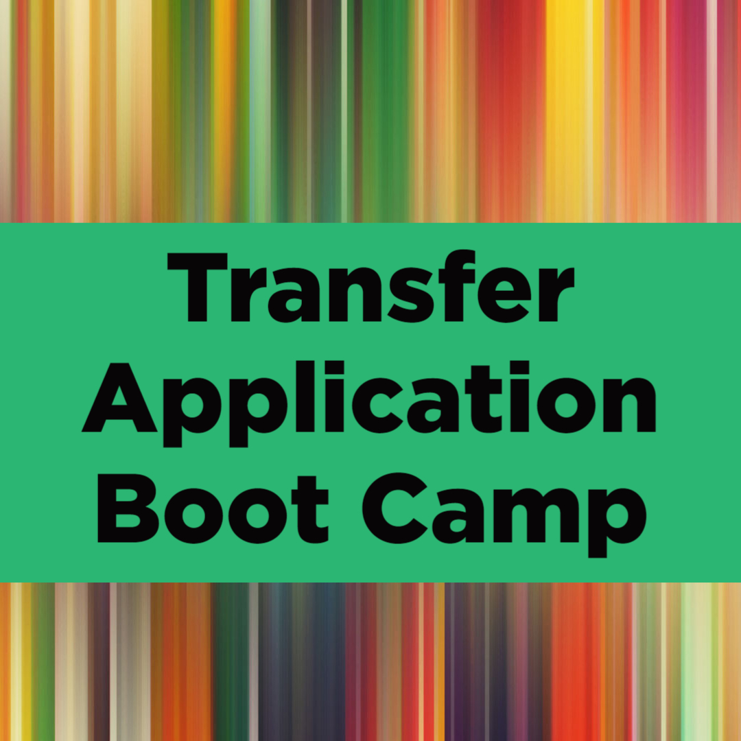 rainbow vertical stripes in background with &quot;Transfer Application Boot Camp&quot; in black font with green rectangle behind text.