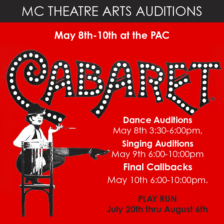 Auditions for Cabaret on red background. logo and 1920&#039;s lady in a chair