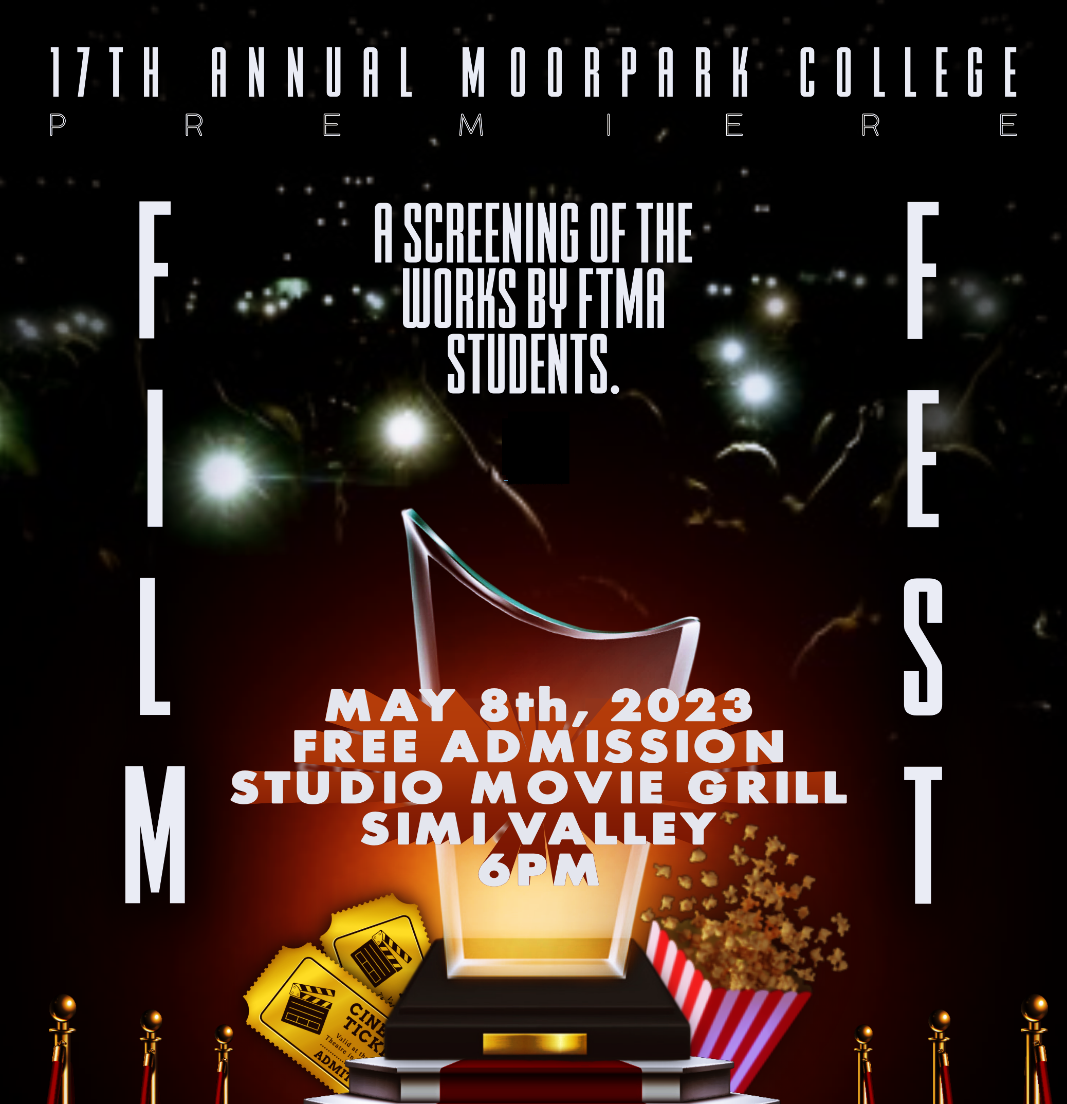 17th Annual Film Fest. Tickets, popcorn, award on black background