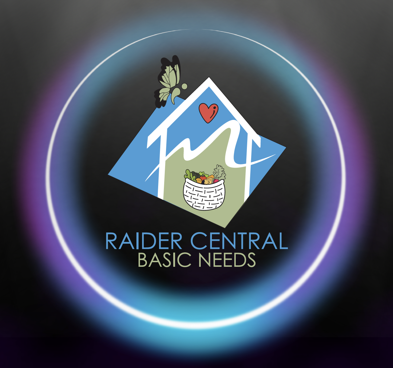 Raider Central Basic Needs Illustration of house with basket of food and butterfly