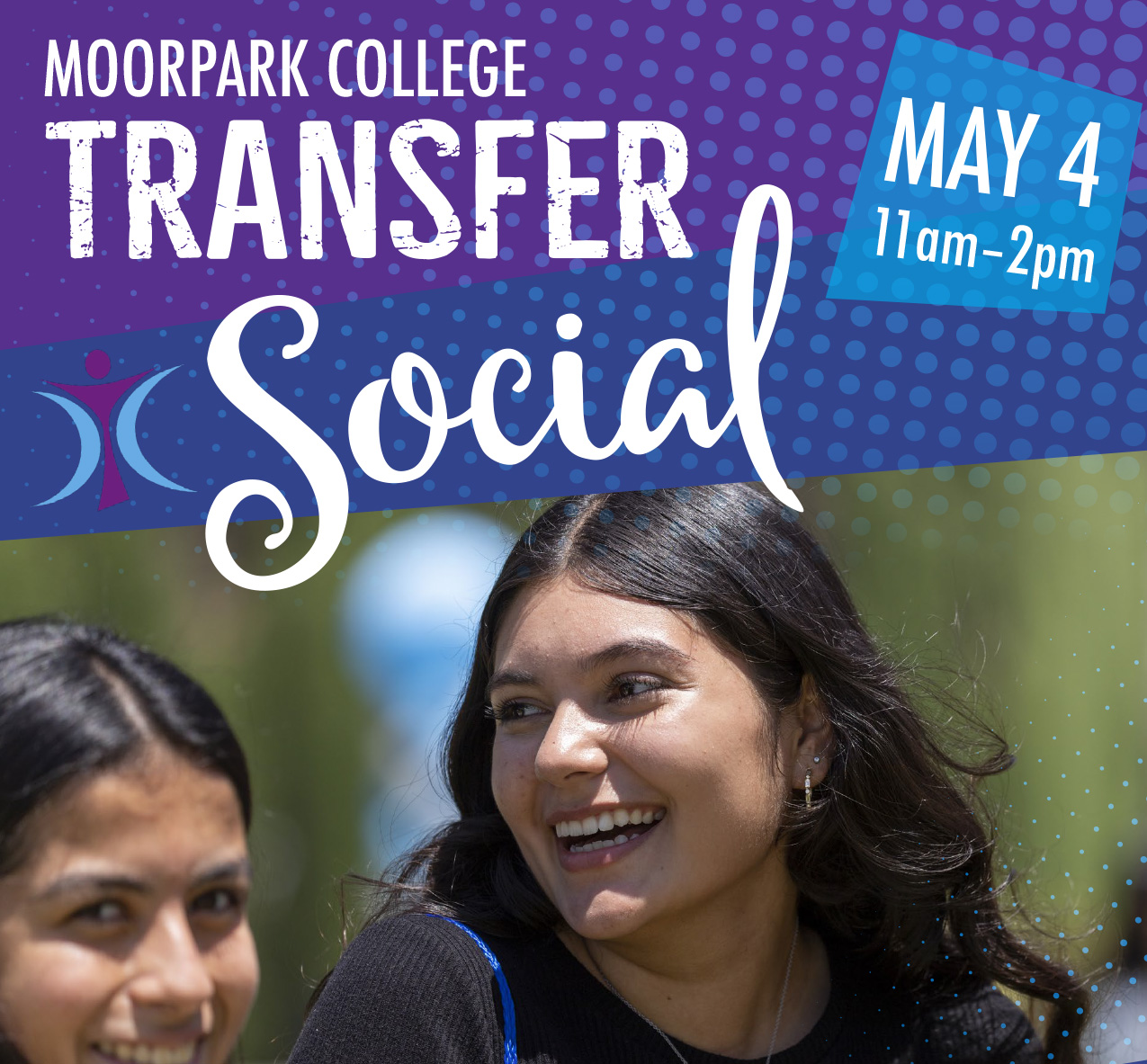 Moorpark College Transfer Social text . 2 girls smiling