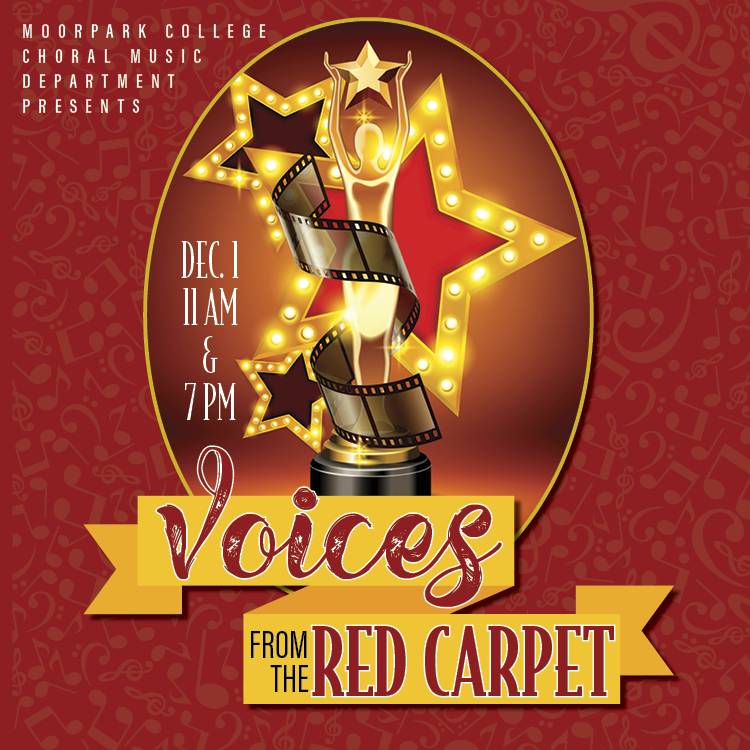 Voices from the Red Carpet Red background with Oscar statue and starts