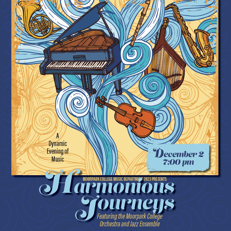 Harmonious Journeys, floating instruments on blue and yellow background