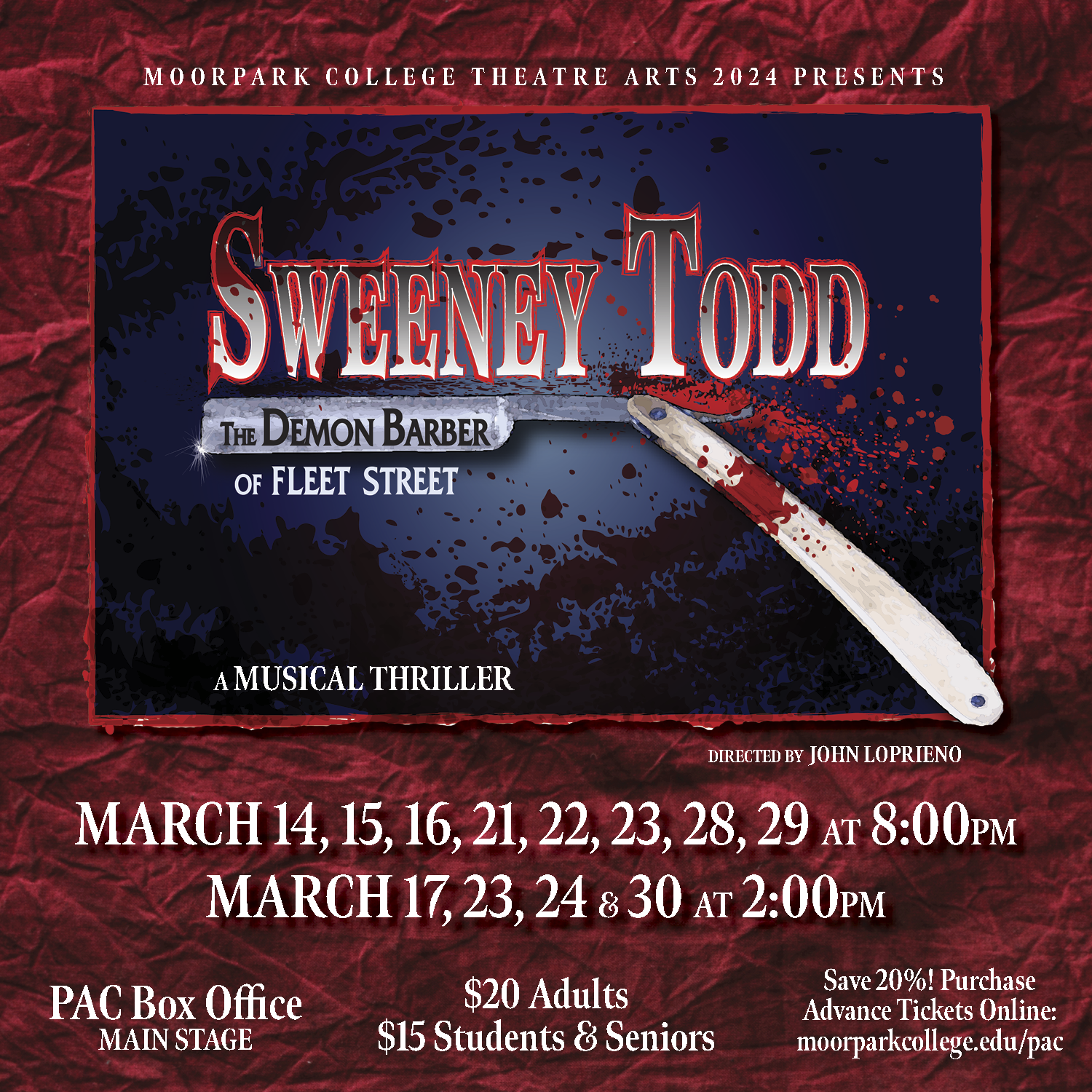 Sweeney Todd blood red background with Knife