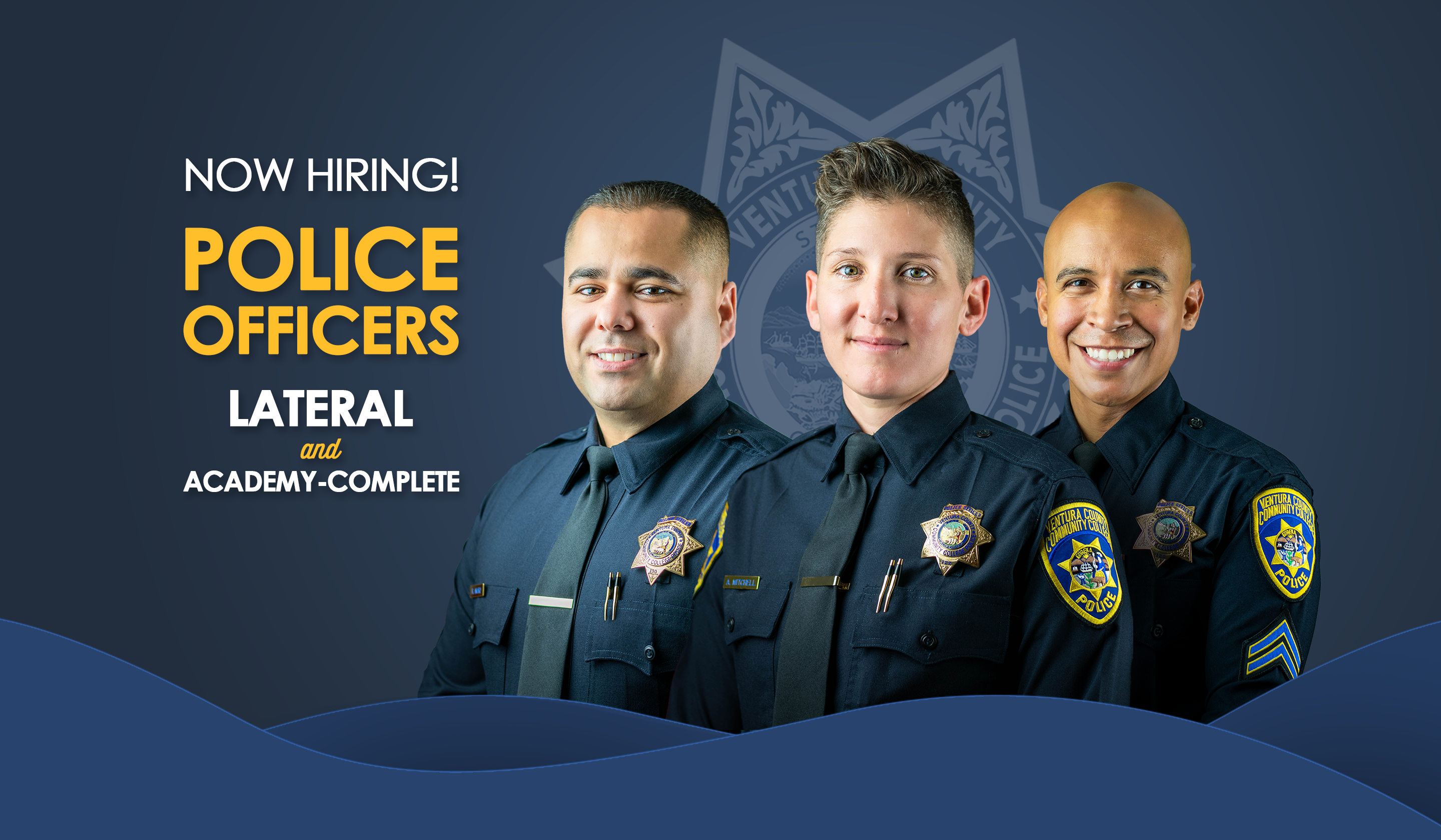 Now Hiring graphic included three VCCCD police officers with blue, white, and yellow text.