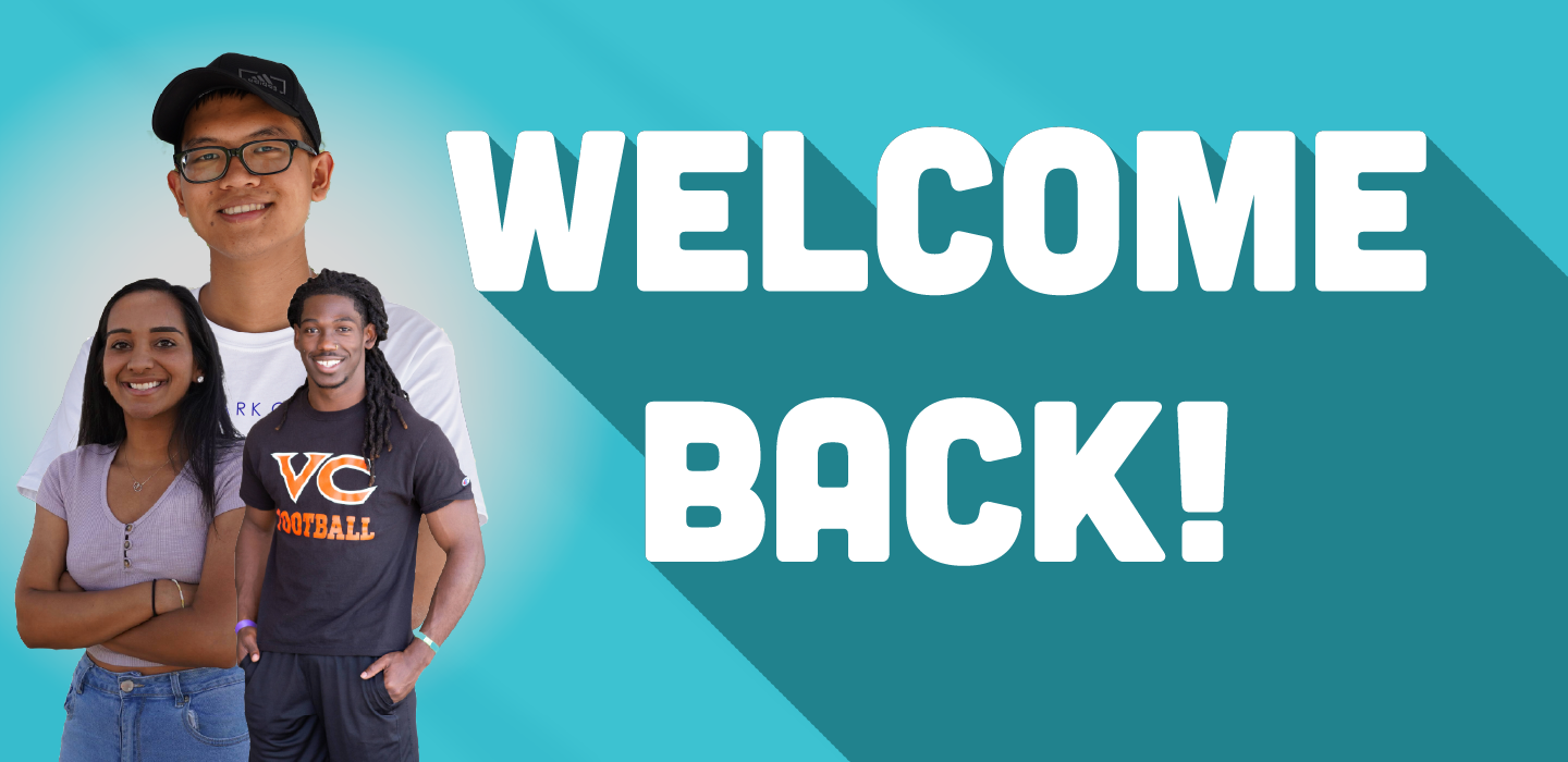 Group of three people smiling with "WELCOME BACK!" text on a blue background.