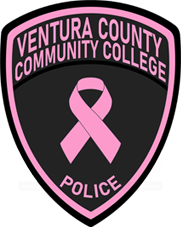 Graphic of the VCCCD Police Department's Pink Patch. Black patch with pink text and a pink breast cancer awareness ribbon