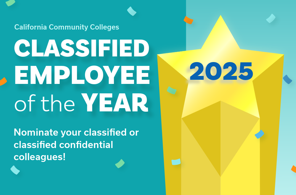 Classified Employee of Year Banner with Image of Gold Star Reading "2025" and Confetti