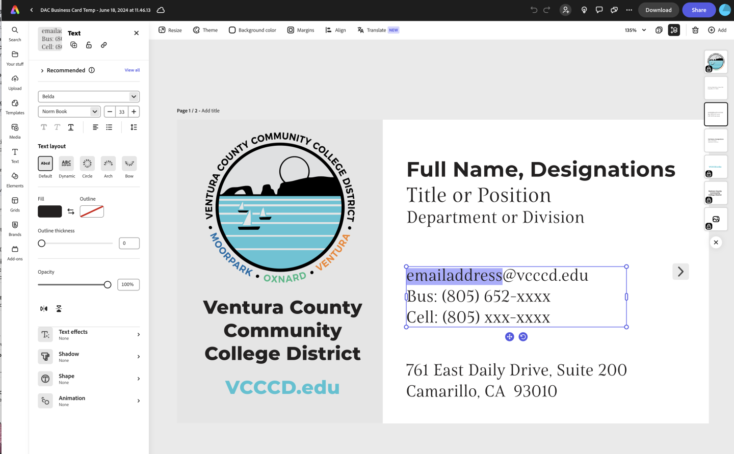 A design template for a Ventura County Community College District business card is shown, including graphics, text sections for name, title, contact information, and address details.