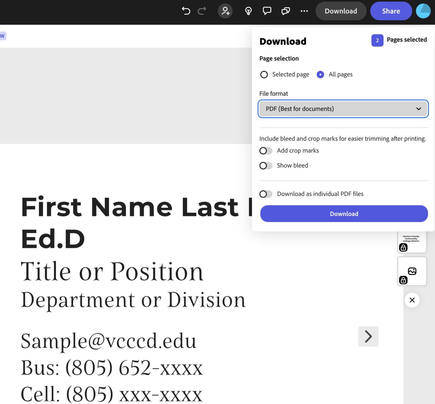 Screenshot of a PDF download panel with options for page selection, file format, and additional settings. The left side shows placeholder text for a person's contact information.