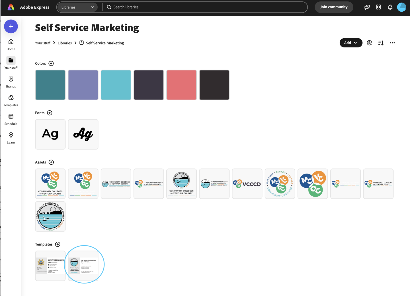 Screenshot of the Adobe Express interface showing a 'Self Service Marketing' library. It includes color swatches, font options, various logo assets for Community Colleges of Ventura County, and a template section with business card designs.