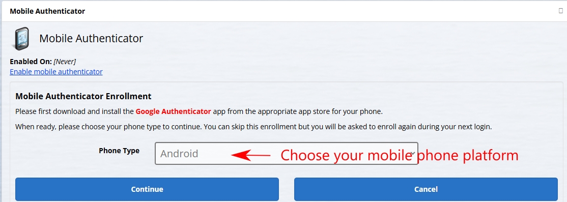 Choose Mobile Authenticator Platform