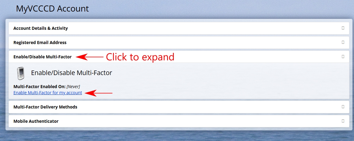 MyVCCCD Account instructions - Expand Enable Multi-factor and follow the link