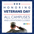 Text “Honoring Veterans Day, all campuses and locations closed” with blue stars, red lines, and VCCCD circle logos below the text. Photo of an American soldier saluting at bottom of graphic.