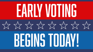 Graphic announcing the start of early voting with bold text saying 'Early Voting Begins Today!' on a dark blue background. The design features red, white, and blue bars with white stars in between. The logo for Community Colleges of Ventura County is in the bottom left corner.