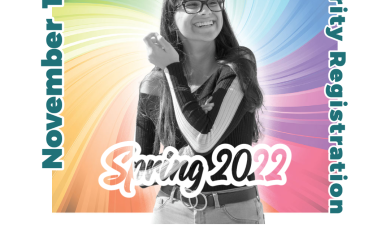 Young female college student looking upward with a rainbow background. Text that reads: Discover Spring 2022 November 1 Priority Registration Special Populations: CalWorks, EAC, EOPS, Foster Youth & Military