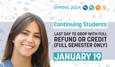 Text “Spring 2024. Continuing students. Last day to drop with full refund or credit (full semester only). January 19. VCCCD logos above text. Image of student holding notebooks. 