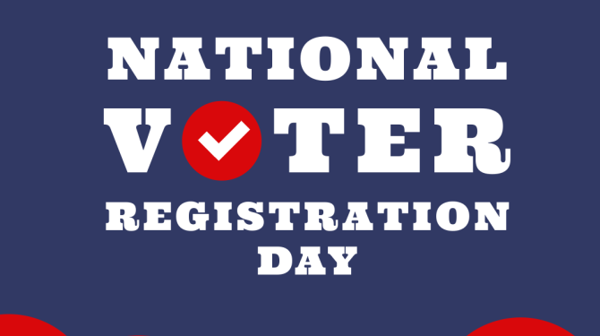 Graphic promoting National Voter Registration Day with bold white text on a dark blue background. The word 'Voter' features a red checkmark inside the letter 'O'. The logo for Community Colleges of Ventura County appears at the bottom.